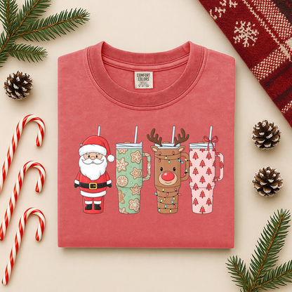 Christmas Tumblers Graphic Tee - Santa & Reindeer Holiday Cups Shirt