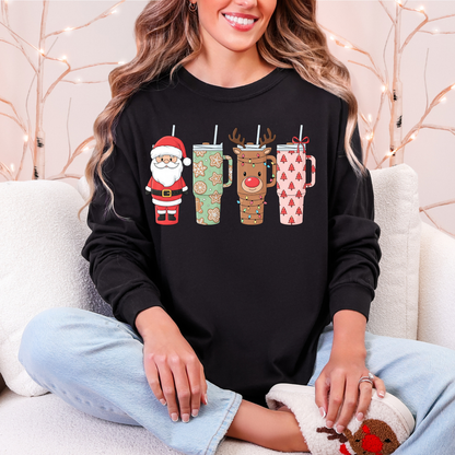 Christmas Tumblers Graphic Tee - Santa & Reindeer Holiday Cups Shirt