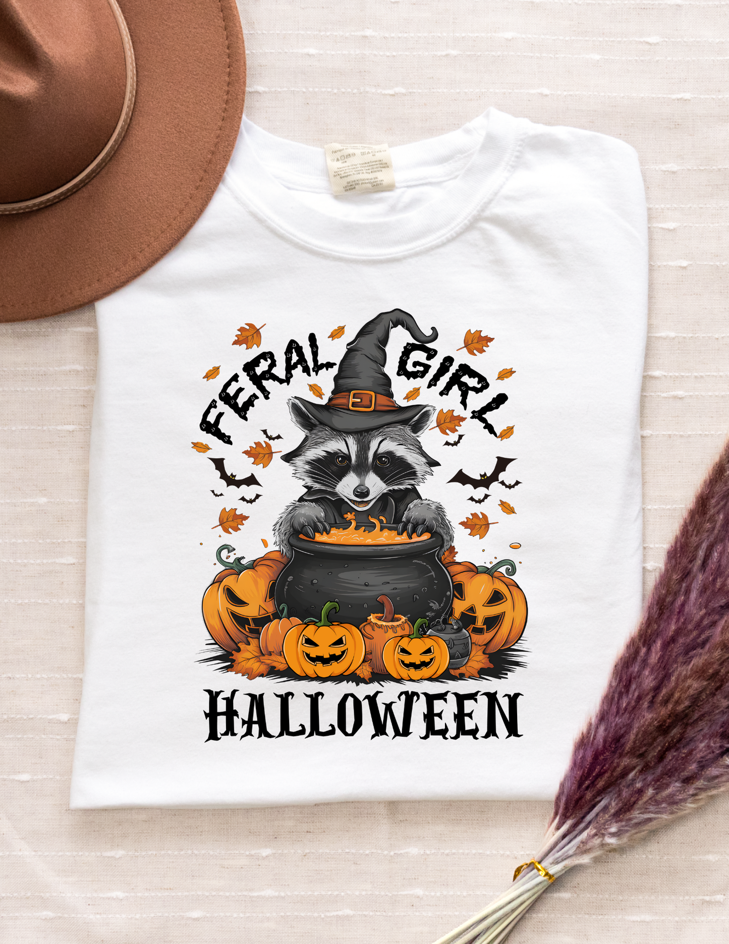 Feral Girl Halloween T-Shirt – Cute Witchy Raccoon & Pumpkins | Comfort Colors White Tee