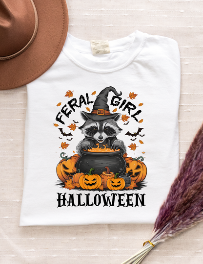 Feral Girl Halloween T-Shirt – Cute Witchy Raccoon & Pumpkins | Comfort Colors White Tee