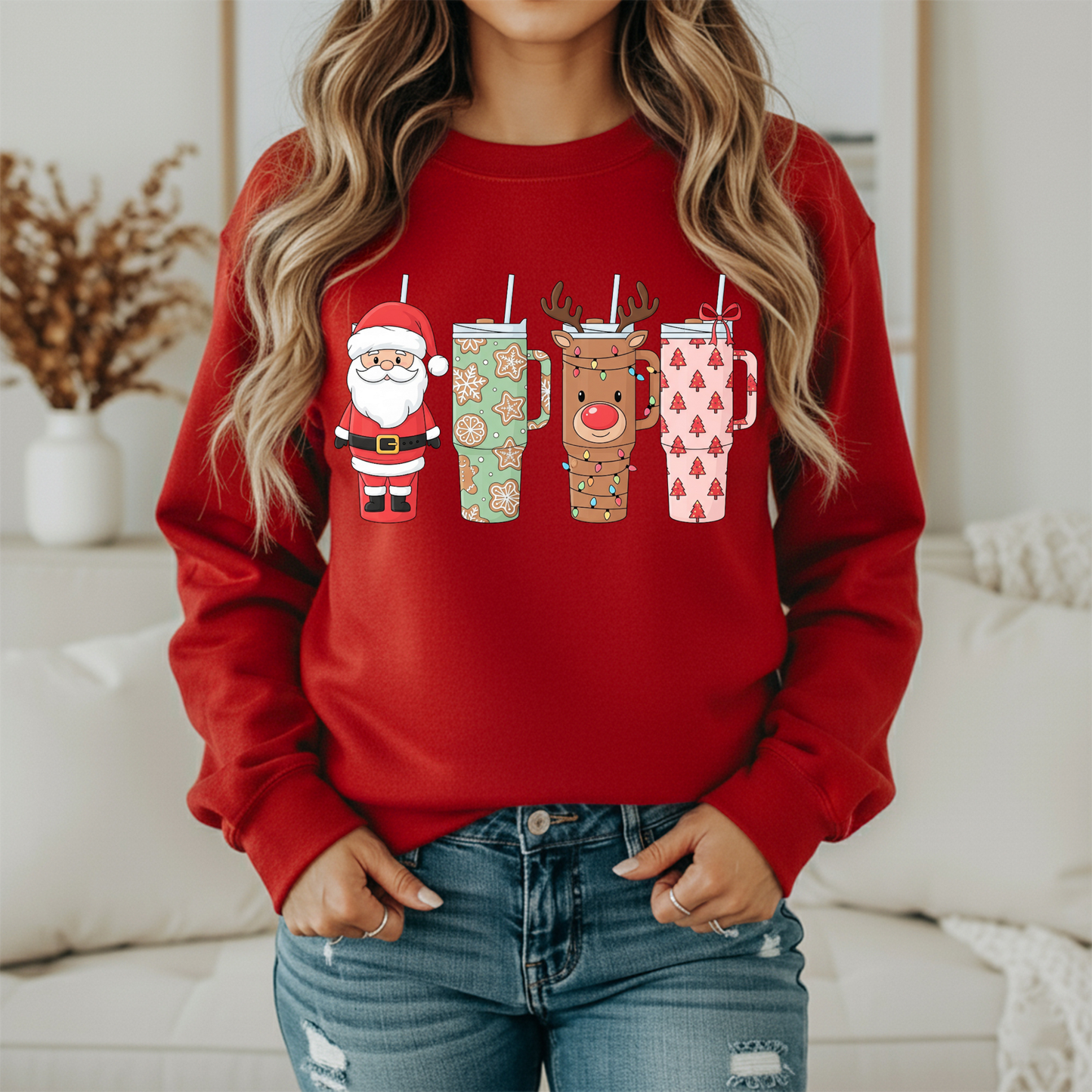 Christmas Tumblers Sweatshirt | Women's Holiday Crewneck | Santa Reindeer Coffee Cup Graphic