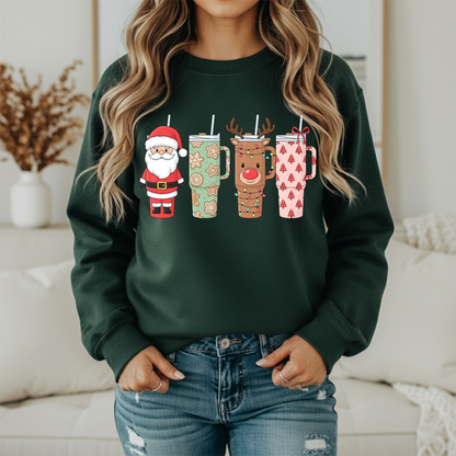 Christmas Tumblers Sweatshirt | Women's Holiday Crewneck | Santa Reindeer Coffee Cup Graphic