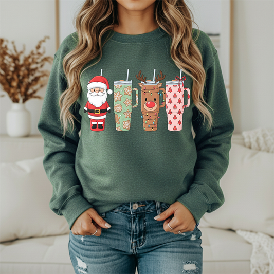 Christmas Tumblers Sweatshirt | Women's Holiday Crewneck | Santa Reindeer Coffee Cup Graphic