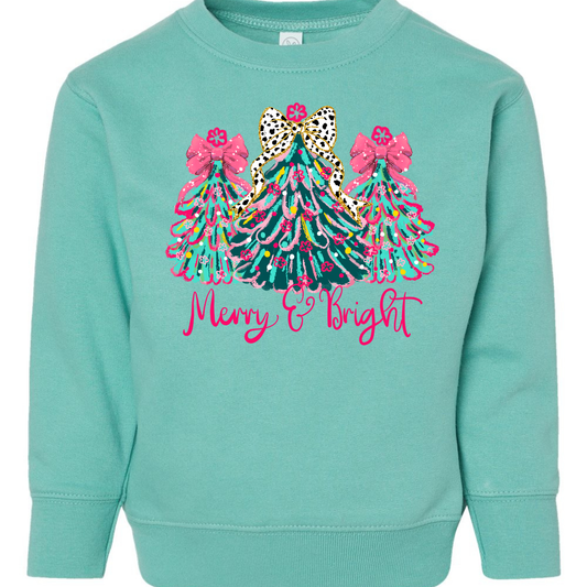 Merry & Bright Leopard Bow Christmas Trees Toddler Sweatshirt – Rabbit Skins Kids Crewneck
