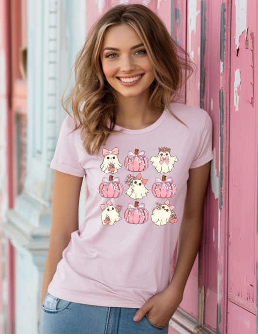 Cute Pink Ghost & Pumpkin Halloween T-Shirt – Pastel Fall Aesthetic