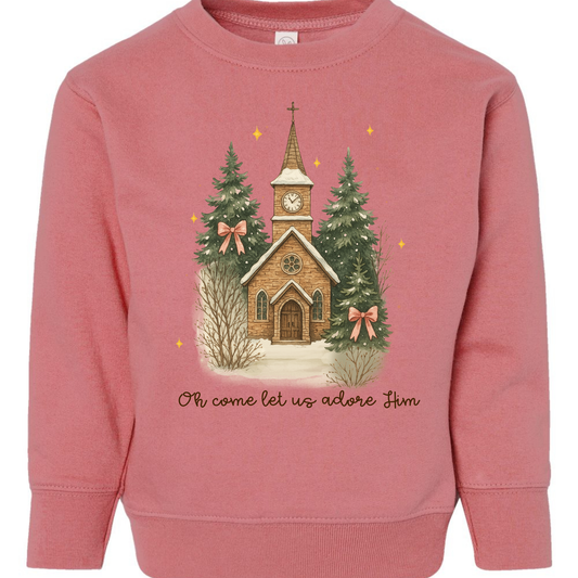 Oh Come Let Us Adore Him Church Toddler Sweatshirt – Christmas Faith Rabbit Skins Kids Crewneck