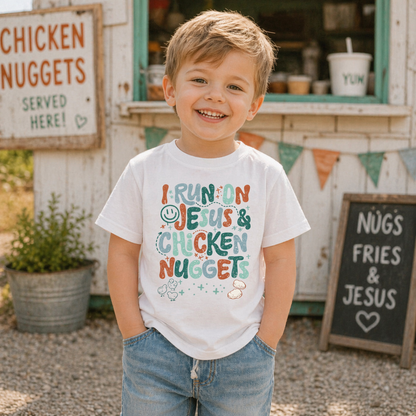 I Run on Jesus & Chicken Nuggets Shirt – Funny Christian Kids Tee Twice the Charm Boutique