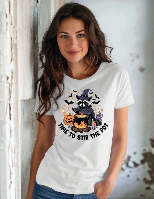 Time To Stir The Pot – Witch Raccoon Halloween T-Shirt | White Comfort Colors