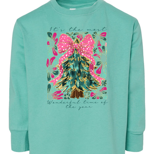 It's The Most Wonderful Time Of The Year Toddler Long Sleeve Tee – Pink Bow Christmas Tree Rabbit Skins Kids Shirt