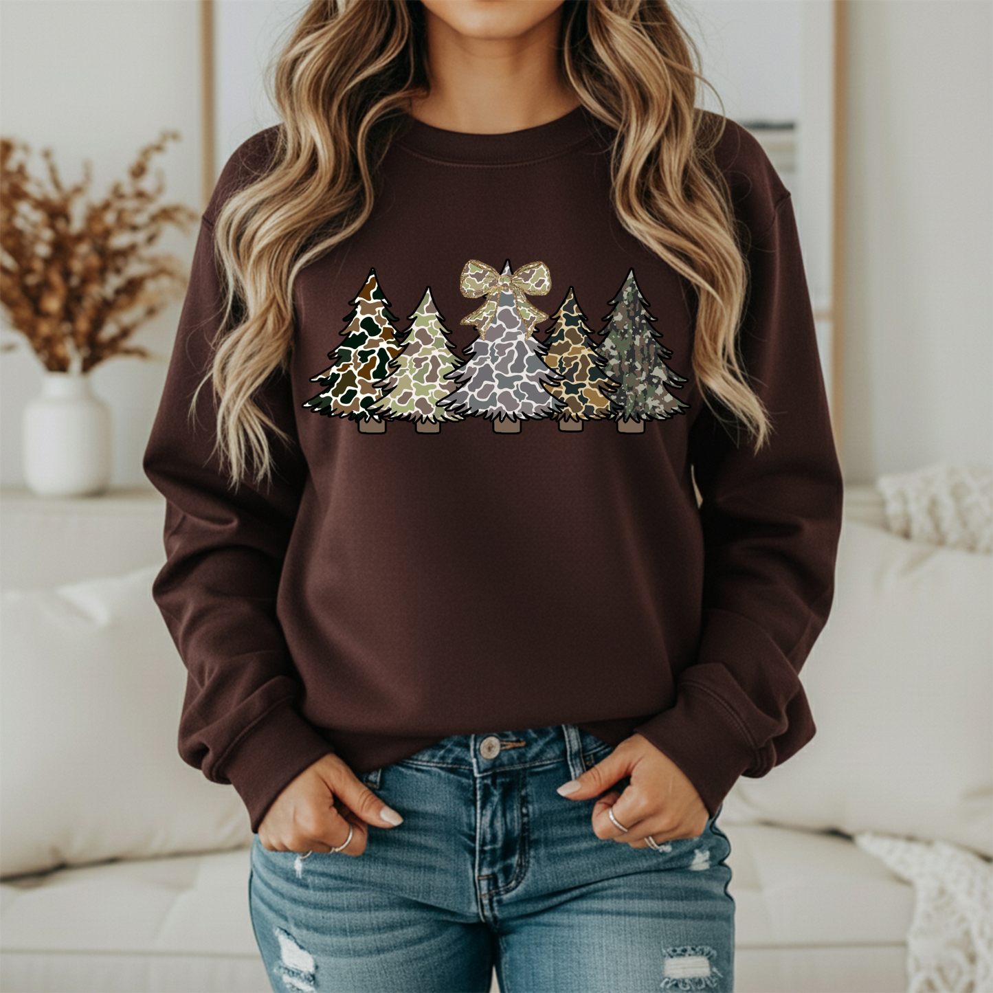 Camo Christmas Trees Sweatshirt | Camouflage Holiday Crewneck | Women's Hunting Christmas Sweatshirt