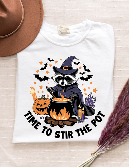 Time To Stir The Pot – Witch Raccoon Halloween T-Shirt | White Comfort Colors