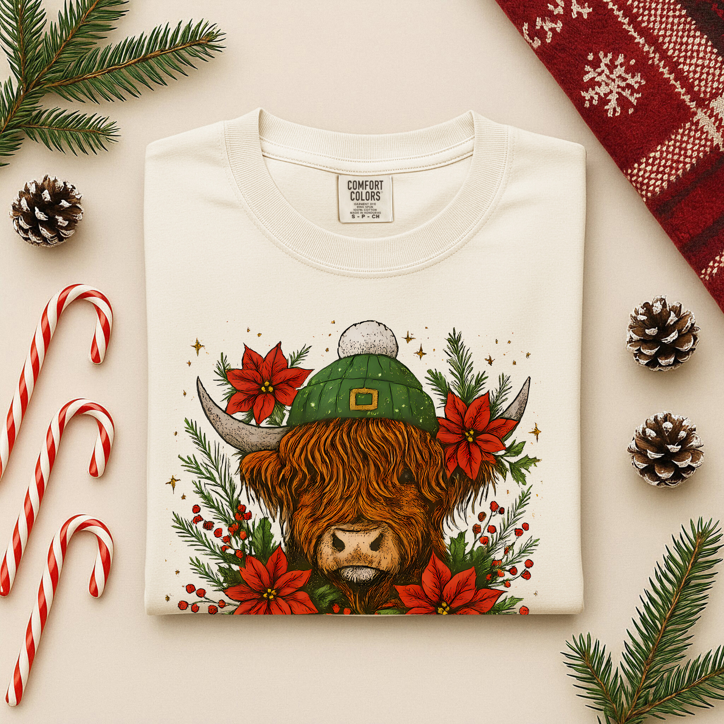 Christmas Highland Cow Comfort Colors Long Sleeve – Festive Floral Holiday Tee