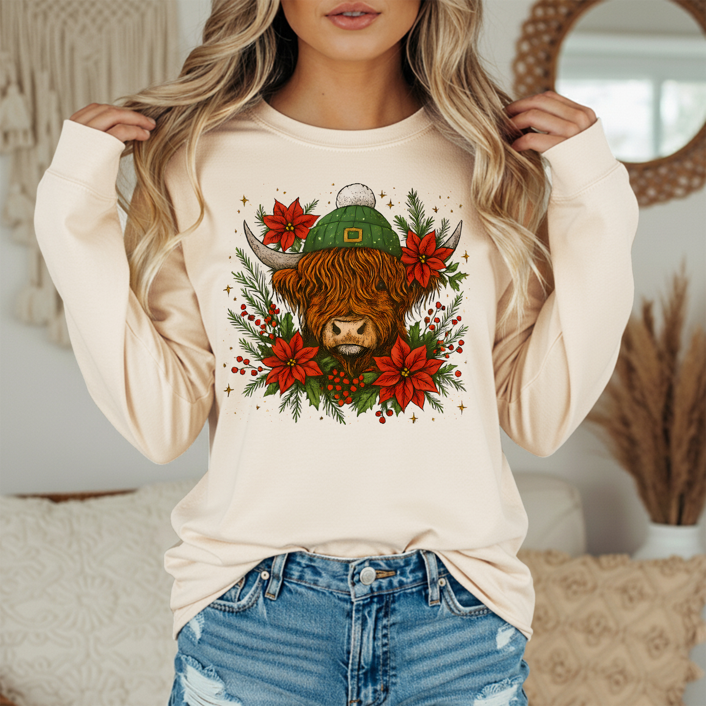 Christmas Highland Cow Comfort Colors Long Sleeve – Festive Floral Holiday Tee