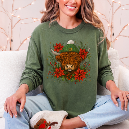 Christmas Highland Cow Comfort Colors Long Sleeve – Festive Floral Holiday Tee