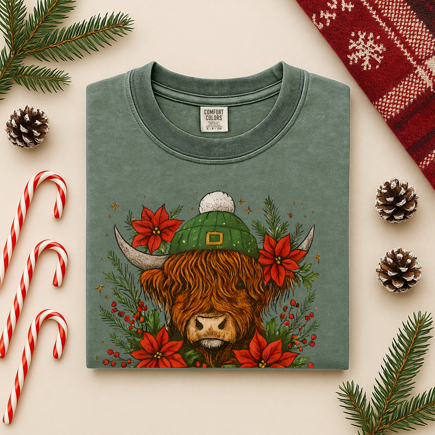 Christmas Highland Cow Comfort Colors Long Sleeve – Festive Floral Holiday Tee