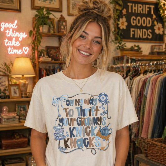 On My Way to Thrift Your Grandma’s Knick Knacks Shirt Comfort Colors Ivory Tee – Funny Vintage Thrift Graphic Tee Twice the Charm Boutique