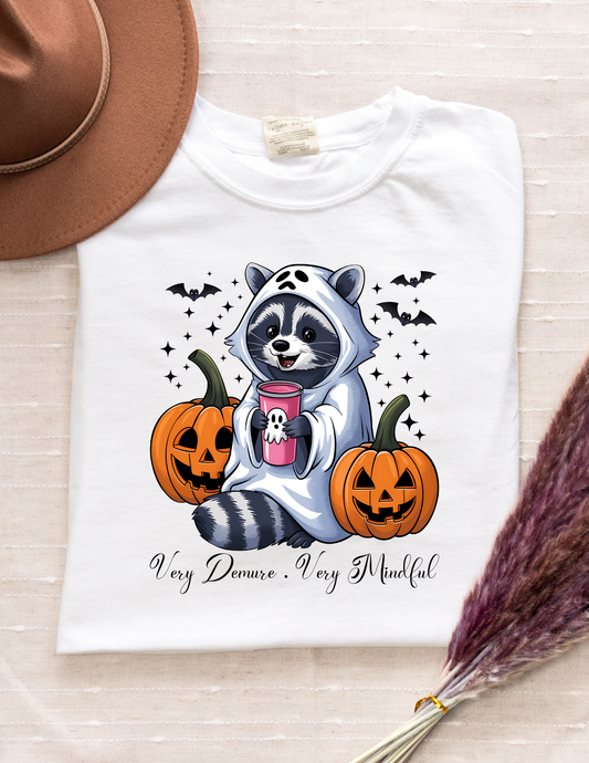 Very Demure, Very Mindful Raccoon Halloween T-Shirt – White Comfort Colors | Pumpkin & Ghost Coffee Cute Fall Tee