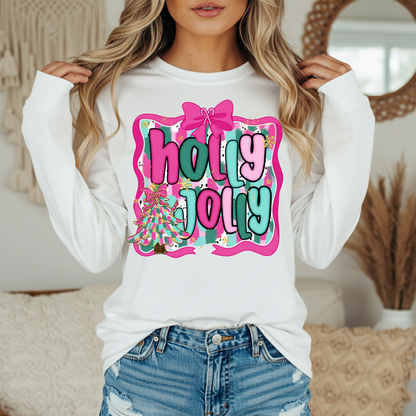Holly Jolly Christmas Long Sleeve Tee | Pink Teal Holiday Shirt