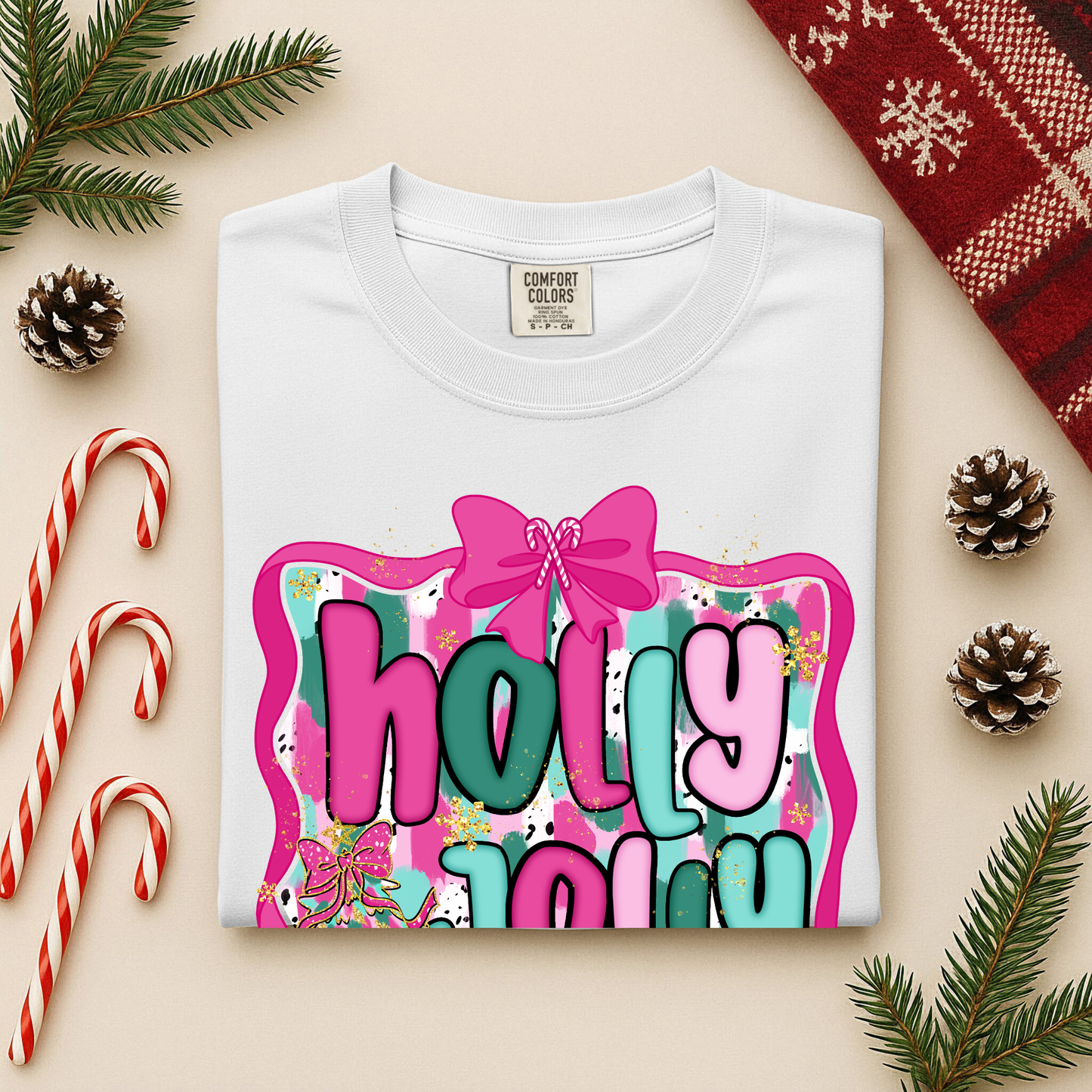 Holly Jolly Christmas Long Sleeve Tee | Pink Teal Holiday Shirt