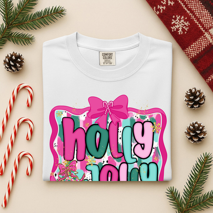 Holly Jolly Christmas Long Sleeve Tee | Pink Teal Holiday Shirt