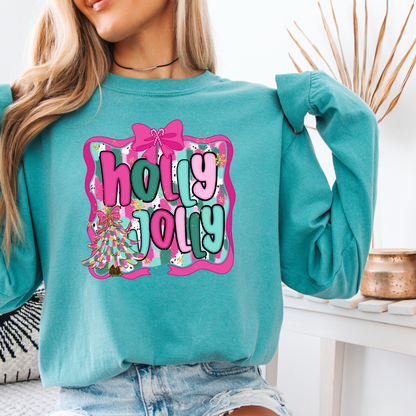 Holly Jolly Christmas Long Sleeve Tee | Pink Teal Holiday Shirt