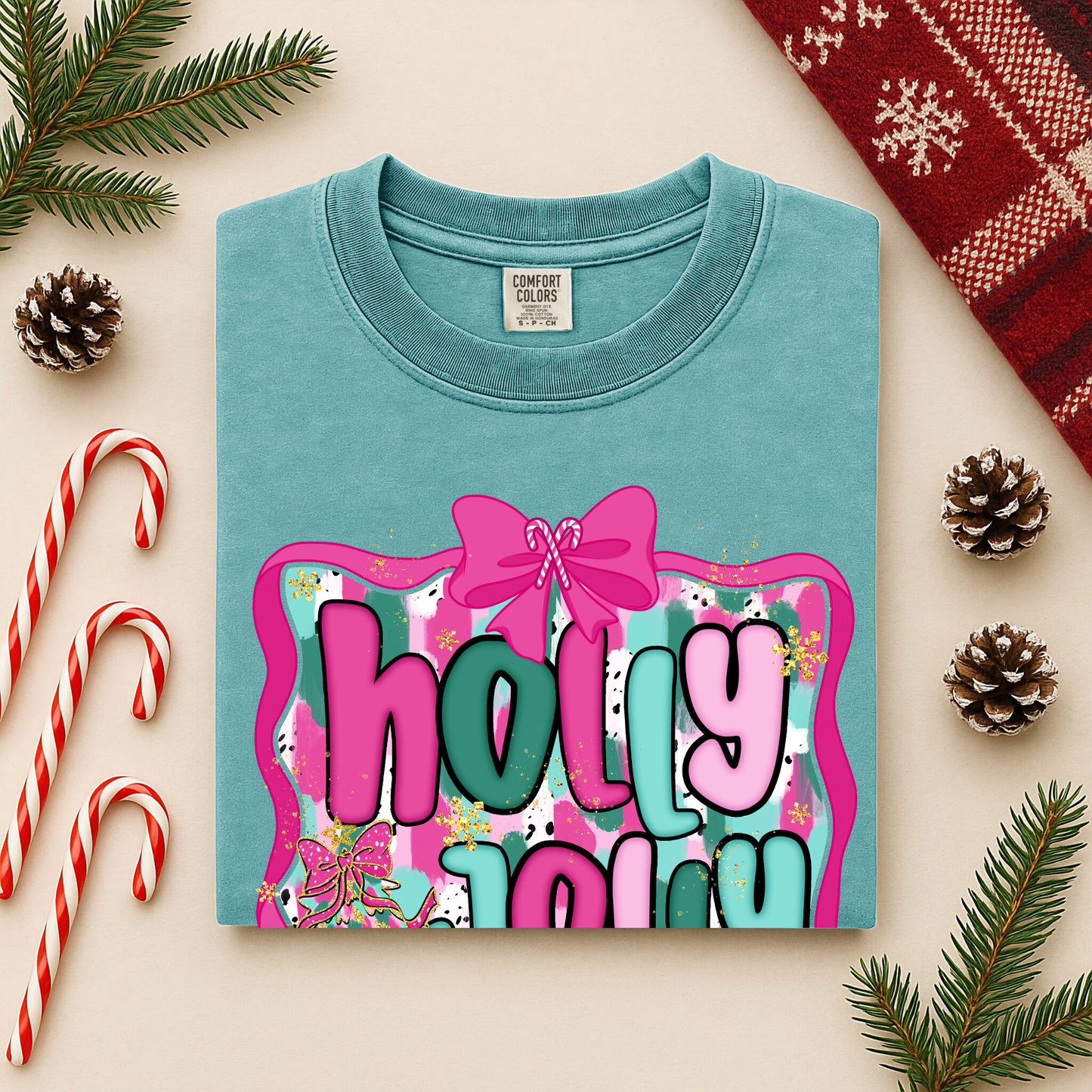 Holly Jolly Christmas Long Sleeve Tee | Pink Teal Holiday Shirt