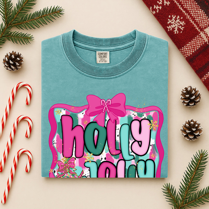 Holly Jolly Christmas Long Sleeve Tee | Pink Teal Holiday Shirt