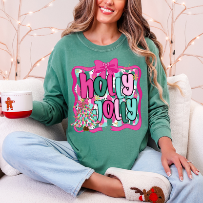 Holly Jolly Christmas Long Sleeve Tee | Pink Teal Holiday Shirt