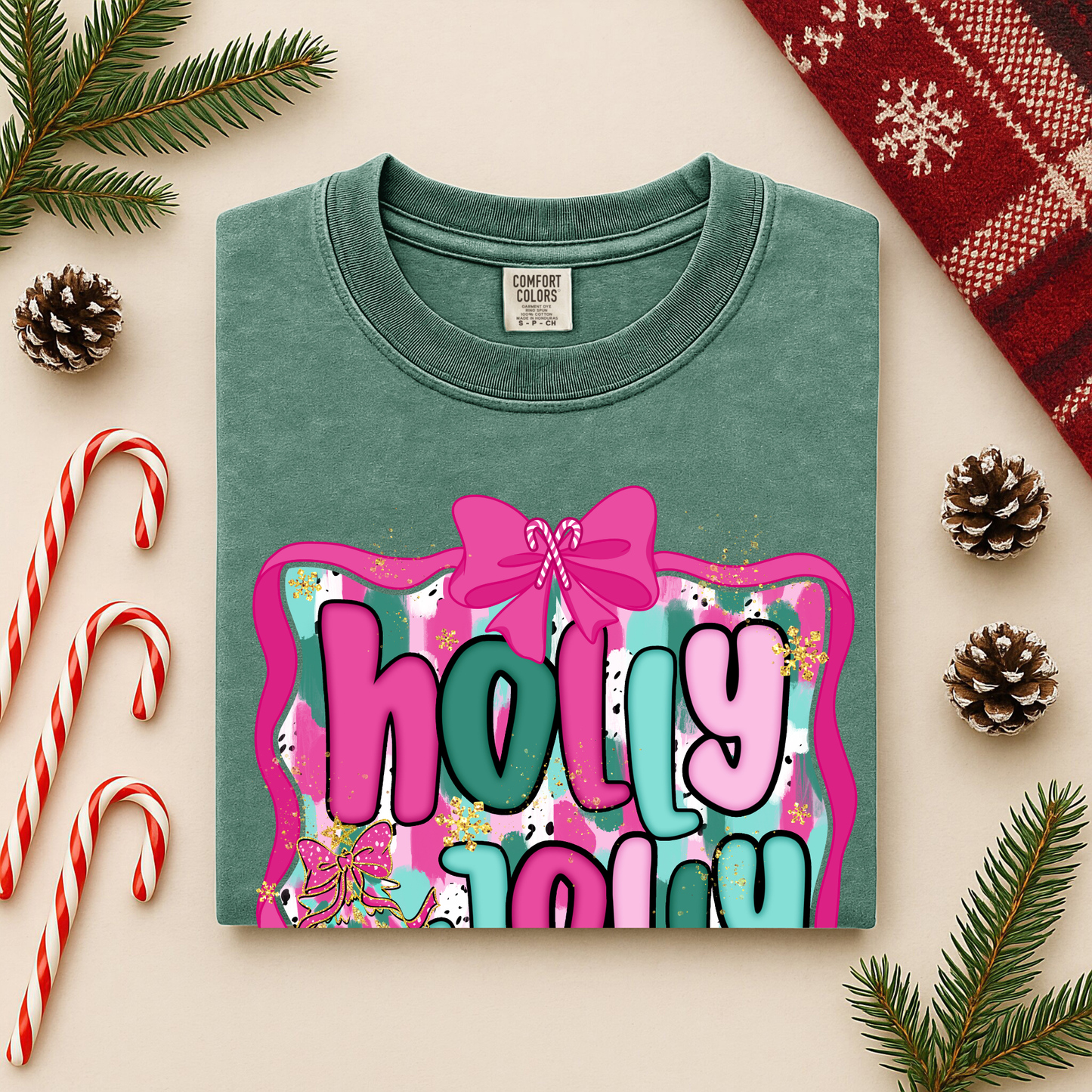 Holly Jolly Christmas Long Sleeve Tee | Pink Teal Holiday Shirt
