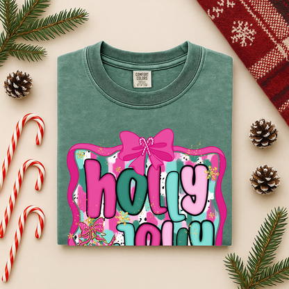Holly Jolly Christmas Long Sleeve Tee | Pink Teal Holiday Shirt