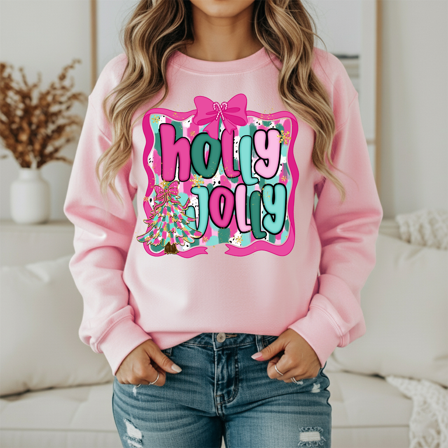 Holly Jolly Christmas Sweatshirt | Pink Teal Holiday Crewneck | Women's Festive Christmas