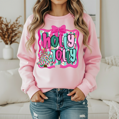Holly Jolly Christmas Sweatshirt | Pink Teal Holiday Crewneck | Women's Festive Christmas