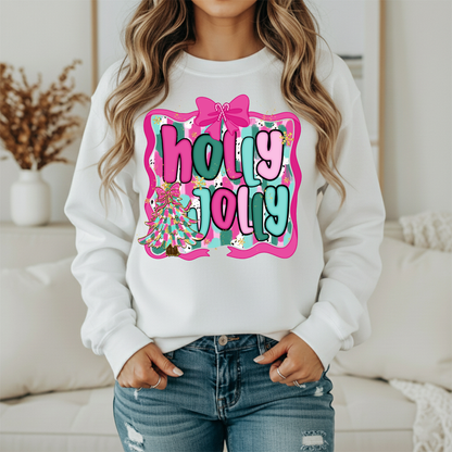 Holly Jolly Christmas Sweatshirt | Pink Teal Holiday Crewneck | Women's Festive Christmas