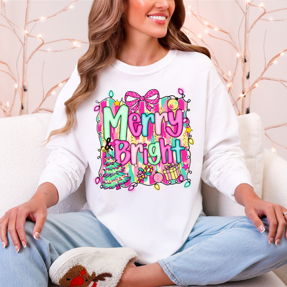 Merry and Bright Christmas Long Sleeve Tee | Pink Teal Holiday Shirt | Comfort Colors | Women's Festive Tee