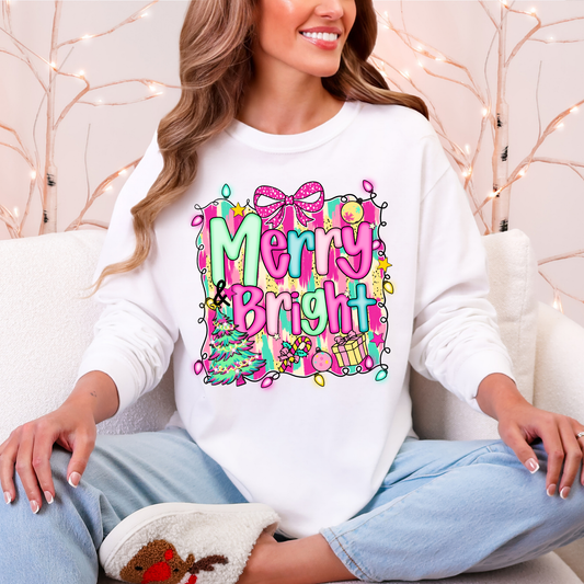 Merry and Bright Christmas Long Sleeve Tee | Pink Teal Holiday Shirt | Comfort Colors | Women's Festive Tee