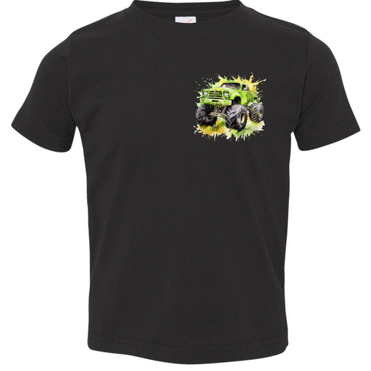 Just a Boy Who Loves Monster Trucks Kids Tee (Back Design)
