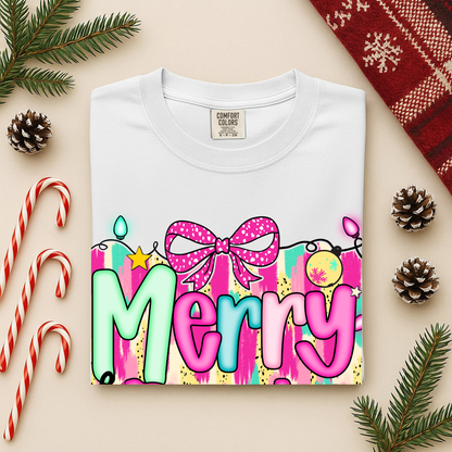 Merry and Bright Christmas Long Sleeve Tee | Pink Teal Holiday Shirt | Comfort Colors | Women's Festive Tee