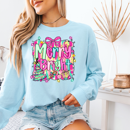 Merry and Bright Christmas Long Sleeve Tee | Pink Teal Holiday Shirt | Comfort Colors | Women's Festive Tee