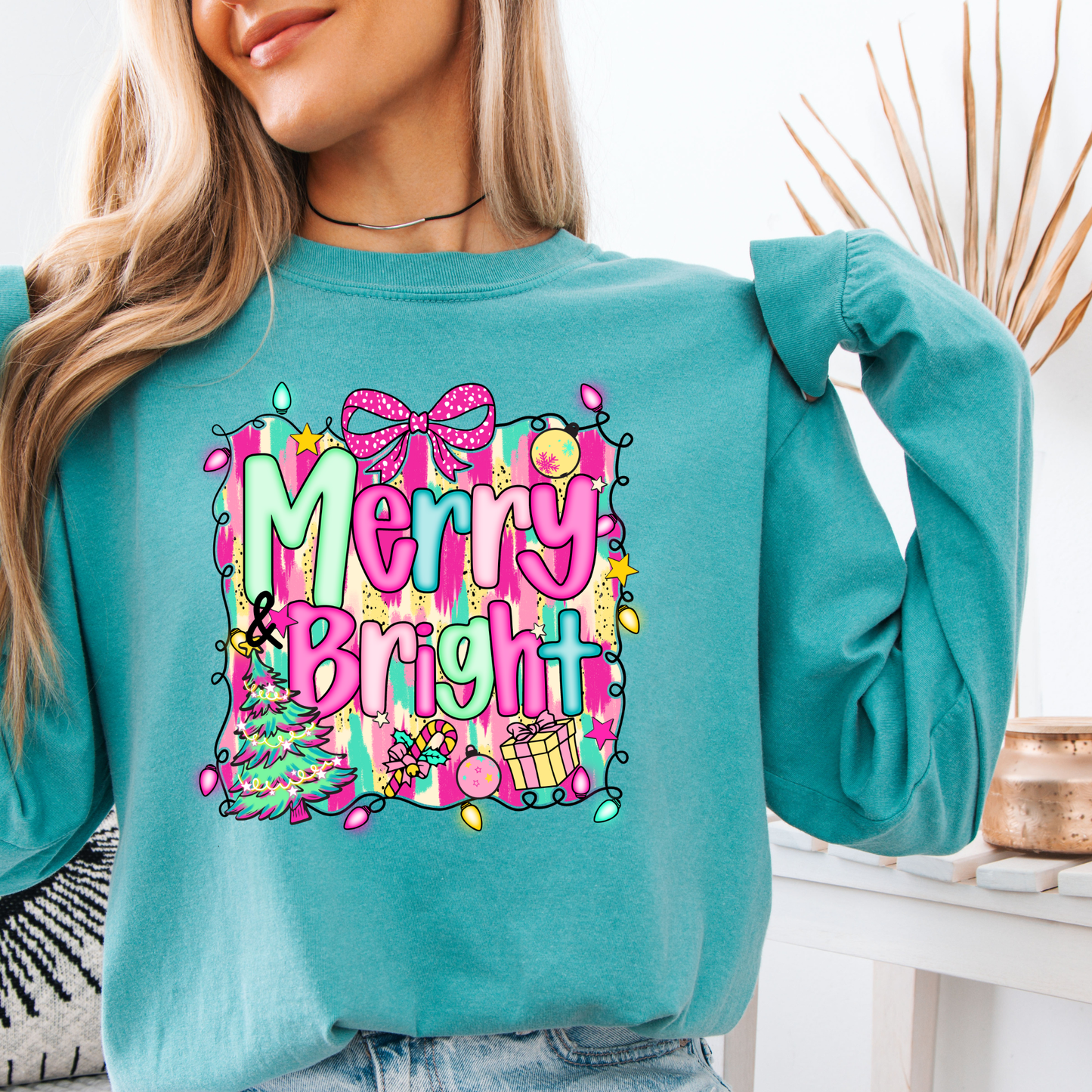 Merry and Bright Christmas Long Sleeve Tee | Pink Teal Holiday Shirt | Comfort Colors | Women's Festive Tee