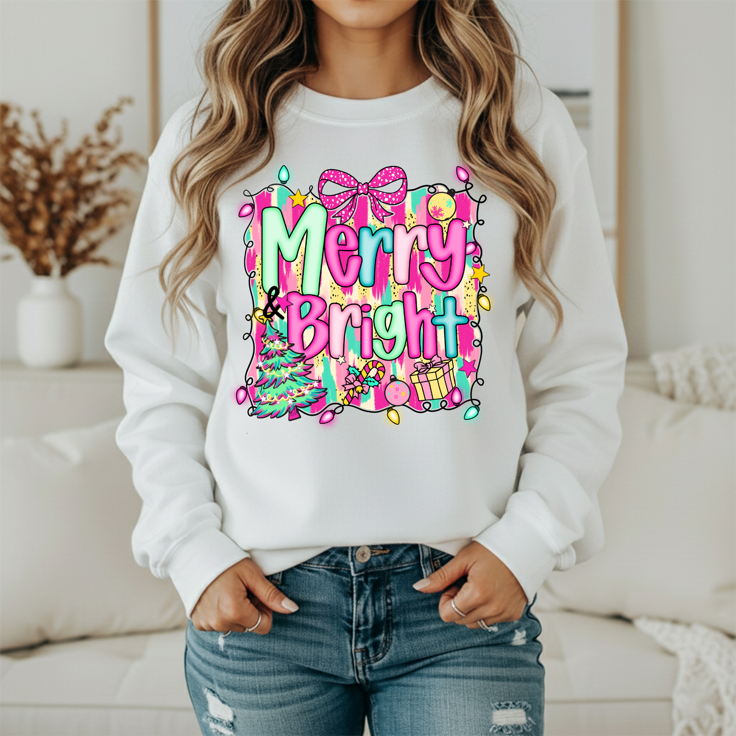 Merry and Bright Christmas Sweatshirt | Pink Teal Holiday Crewneck | Women's Festive Christmas Sweatshirt