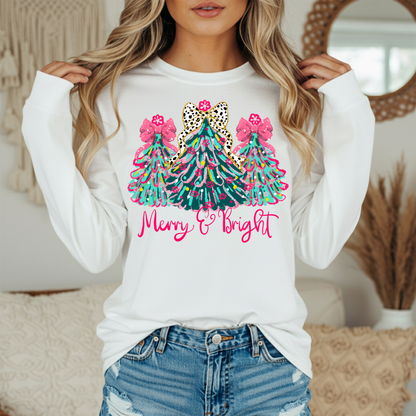 Merry and Bright Leopard Bow Christmas Trees Graphic Tee - Women's Holiday Shirt - Festive Comfort Colors Tee
