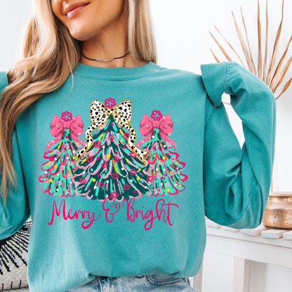 Merry and Bright Leopard Bow Christmas Trees Graphic Tee - Women's Holiday Shirt - Festive Comfort Colors Tee