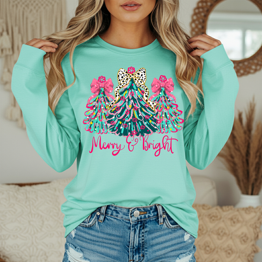 Merry and Bright Leopard Bow Christmas Trees Graphic Tee - Women's Holiday Shirt - Festive Comfort Colors Tee