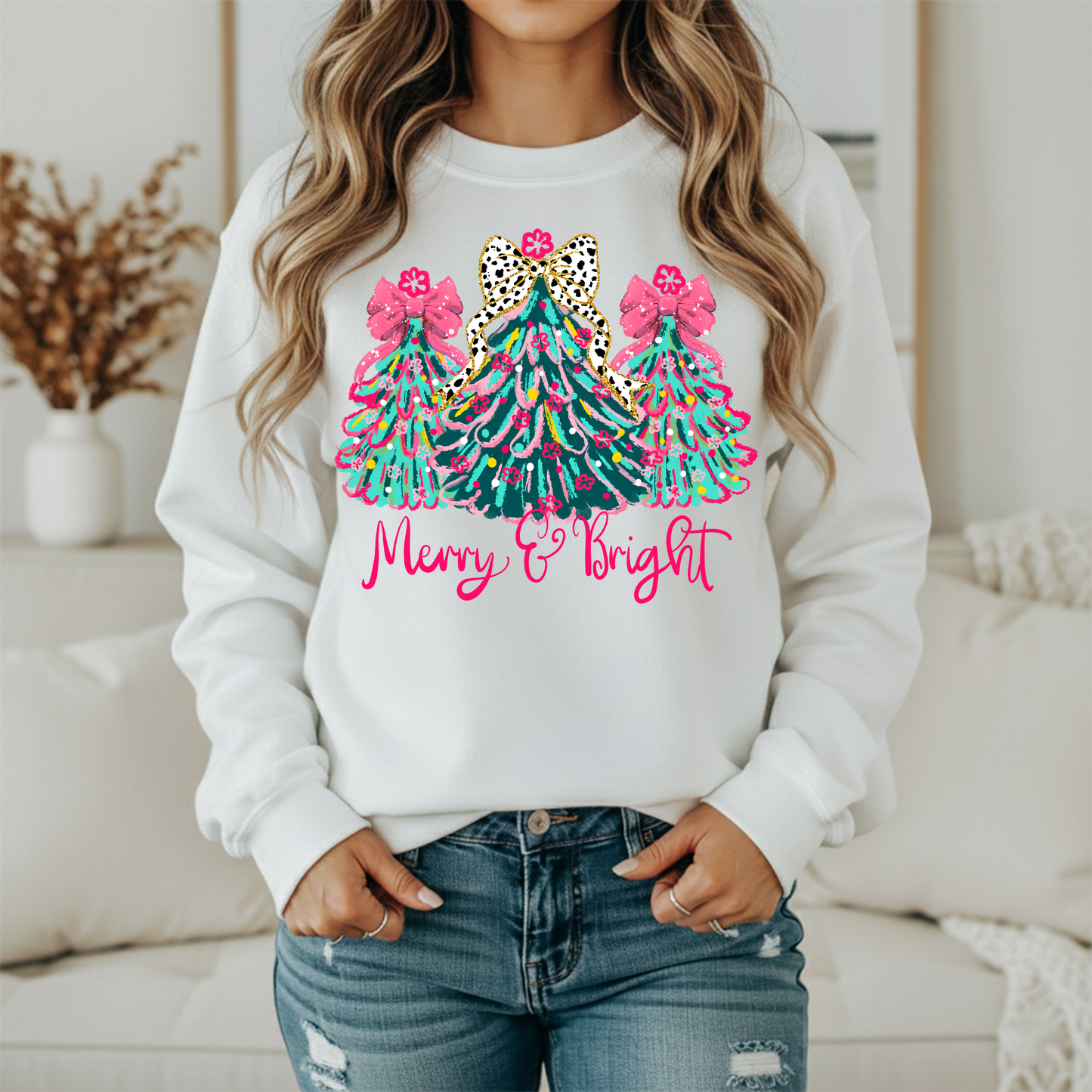 Merry and Bright Leopard Bow Christmas Trees Sweatshirt - Women's Holiday Crewneck - Festive Gildan Sweatshirt