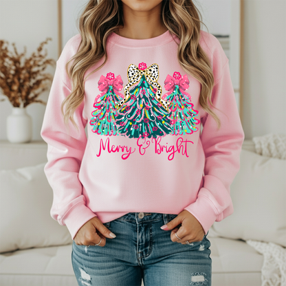Merry and Bright Leopard Bow Christmas Trees Sweatshirt - Women's Holiday Crewneck - Festive Gildan Sweatshirt