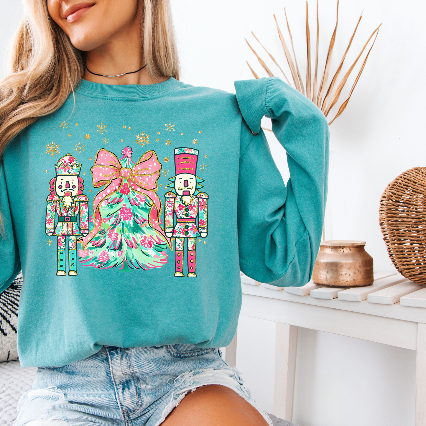 Nutcracker Christmas Long Sleeve Tee | Pink Teal Floral Holiday Shirt | Comfort Colors | Women's Festive Tee
