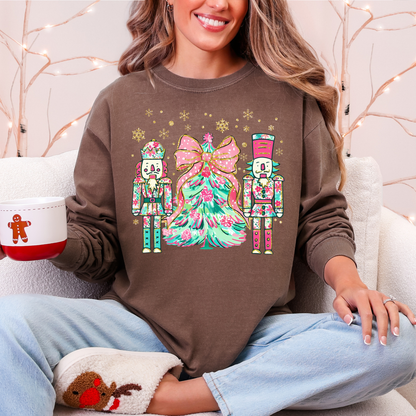 Nutcracker Christmas Long Sleeve Tee | Pink Teal Floral Holiday Shirt | Comfort Colors | Women's Festive Tee