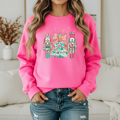 Nutcracker Christmas Sweatshirt | Pink Teal Floral Holiday Crewneck | Women's Festive Christmas Sweatshirt