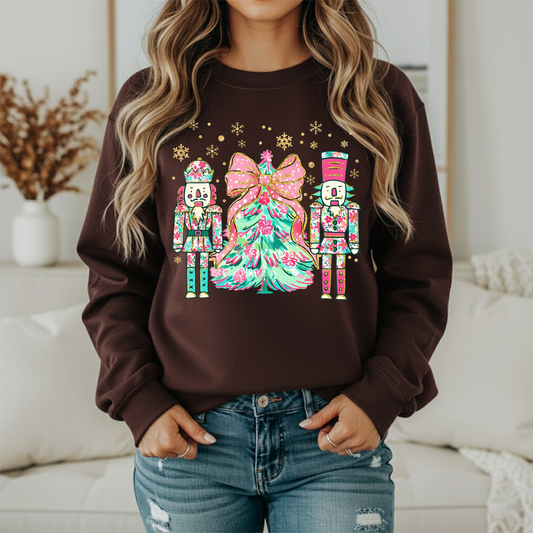Nutcracker Christmas Sweatshirt | Pink Teal Floral Holiday Crewneck | Women's Festive Christmas Sweatshirt