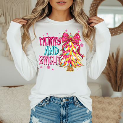 Merry and Bright Christmas Tree Graphic Tee - Women's Holiday Shirt - Festive Comfort Colors Tee